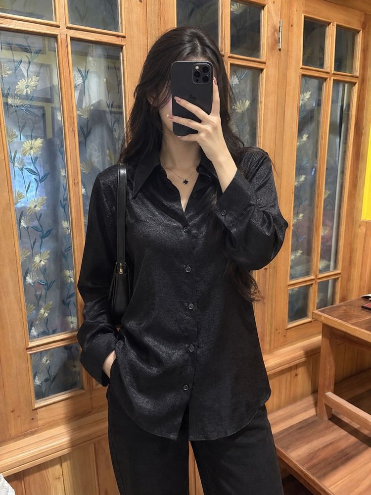 Sleek Black Satin Button-Up Shirt