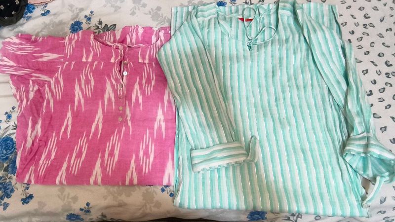 2 Kurtis Combo | Pink Printed + Blue Striped