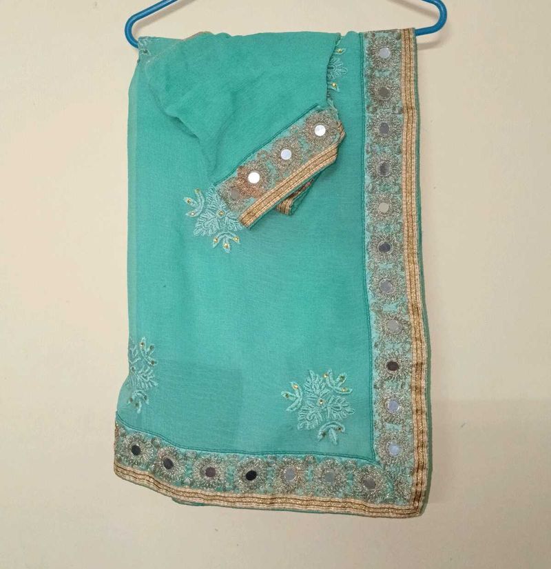 Beautiful Teal Saree with Mirror Work