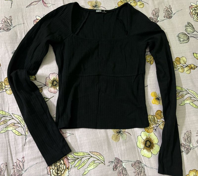 Black Ribbed Square Neck Top