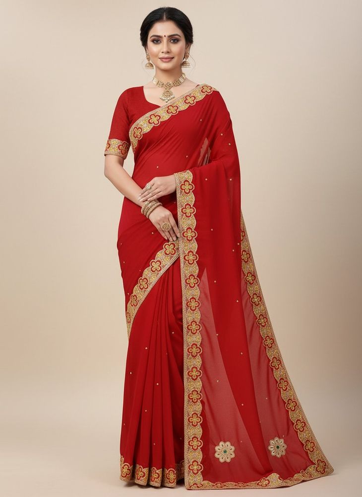 Red Saree with Golden Border