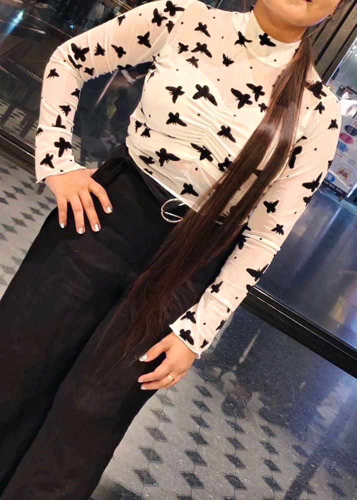 Chic Butterfly Print Mesh Top