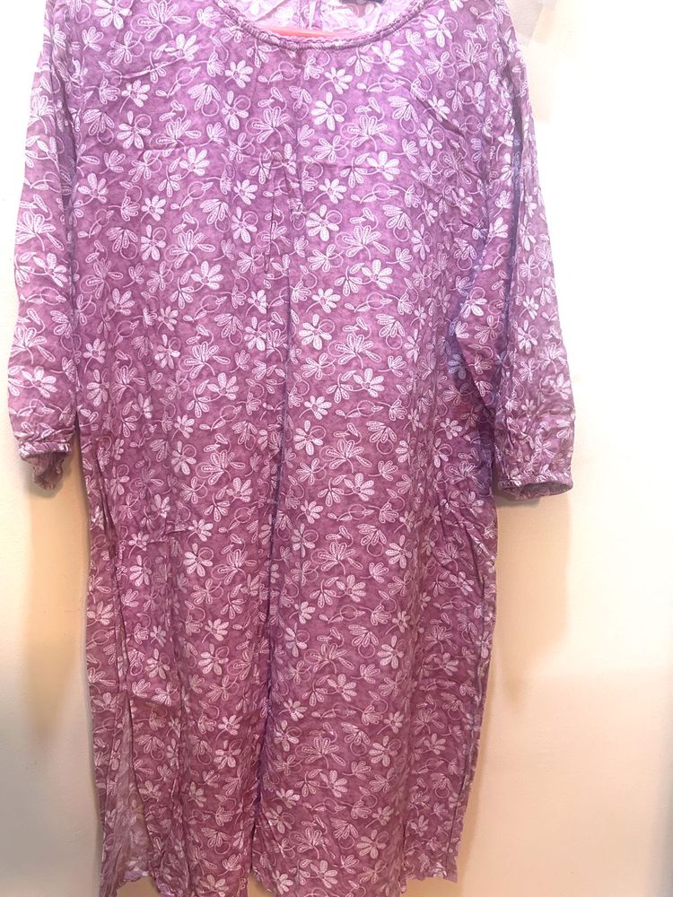 Lilac Floral Cotton Kurta – Soft &amp; Elegant