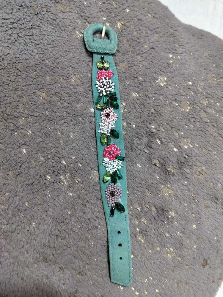 Leather -Embellished Teal wrist band