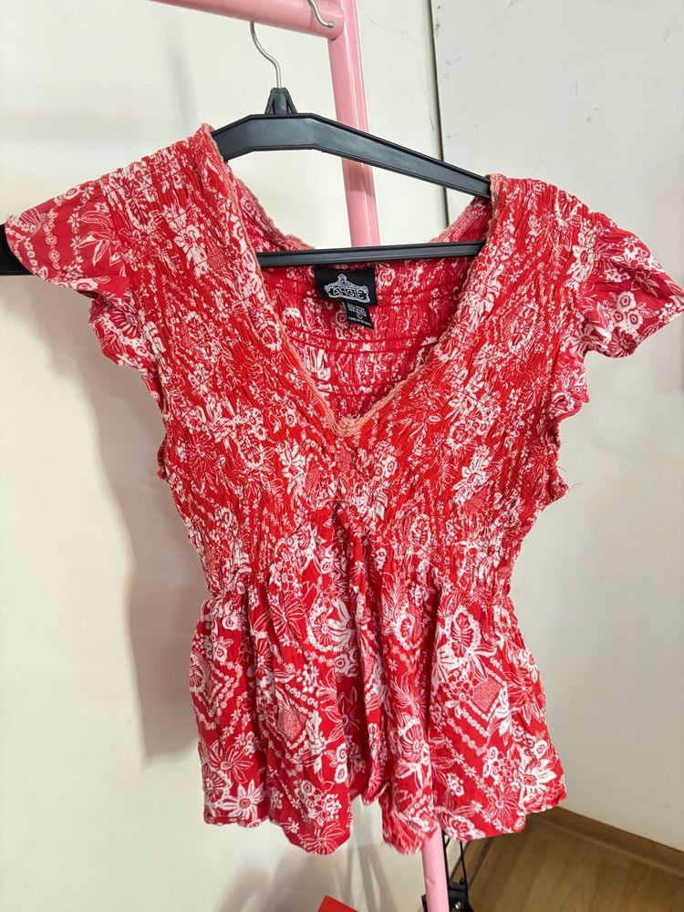 Red Floral Smocked Peplum Top