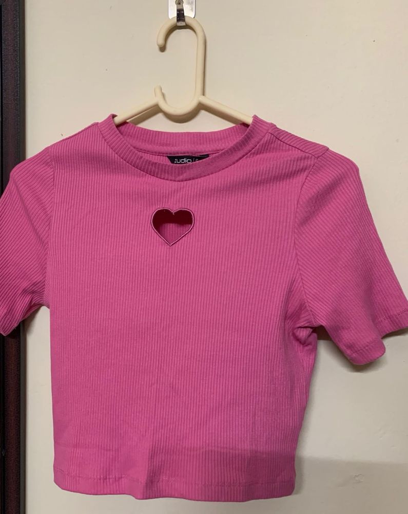 Pink Heart Cutout Ribbed Crop Top