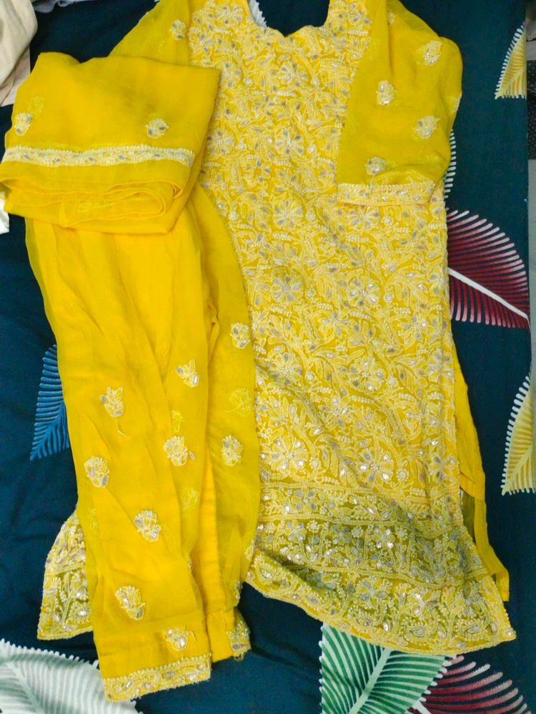 Yellow chikaankari kurta Pajama And Dupatta Set
