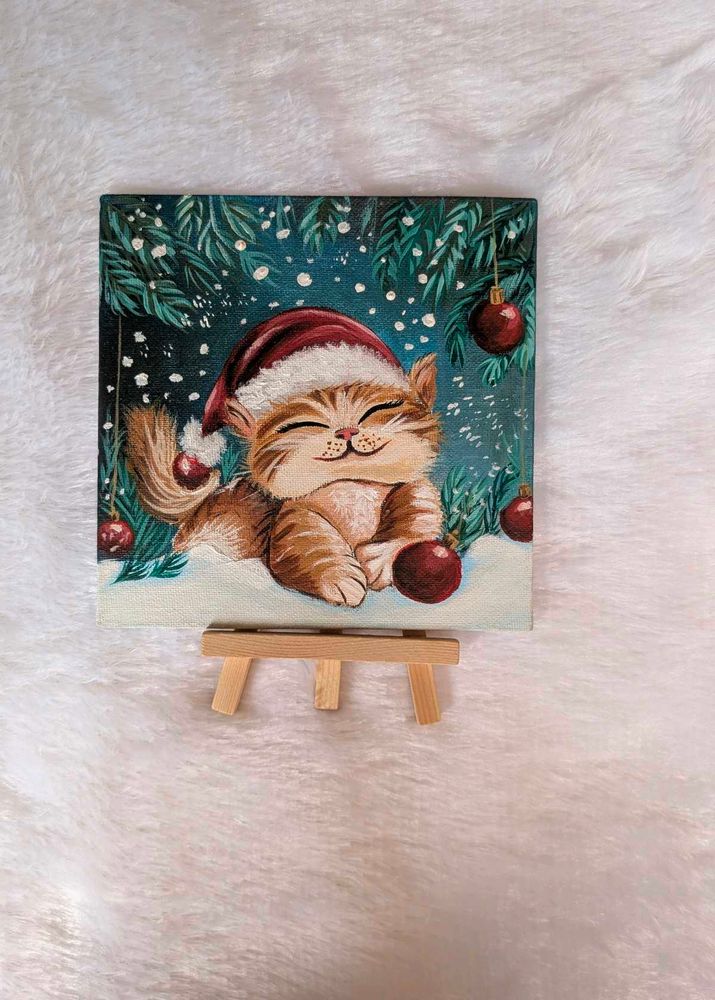 Mini Adorable Christmas Cat Painting