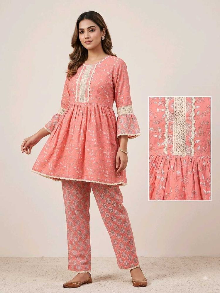 Beautiful Pink Floral Coord Set with Lace border