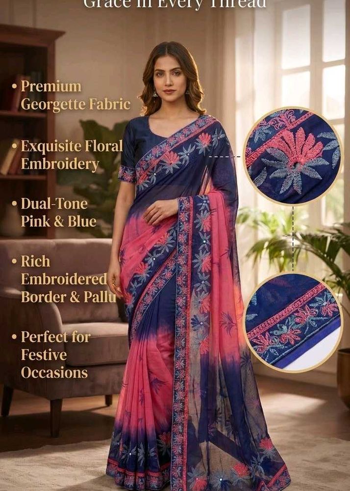 Embroidered Georgette Saree - Pink &amp; Navy