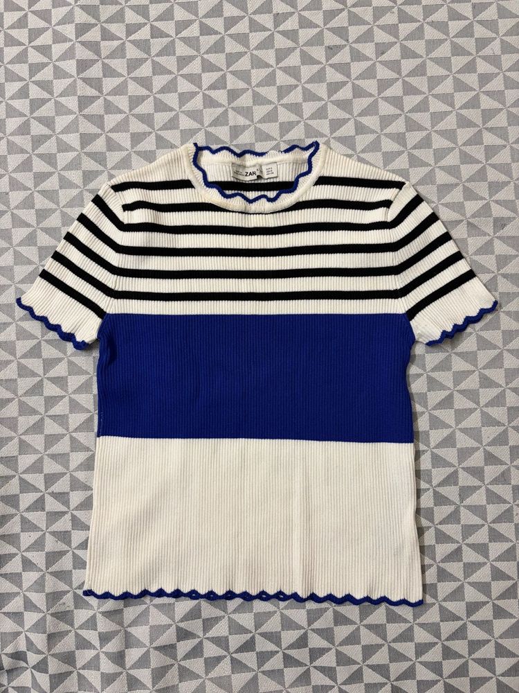 Striped Ribbed Knit Top with Scallop Trim