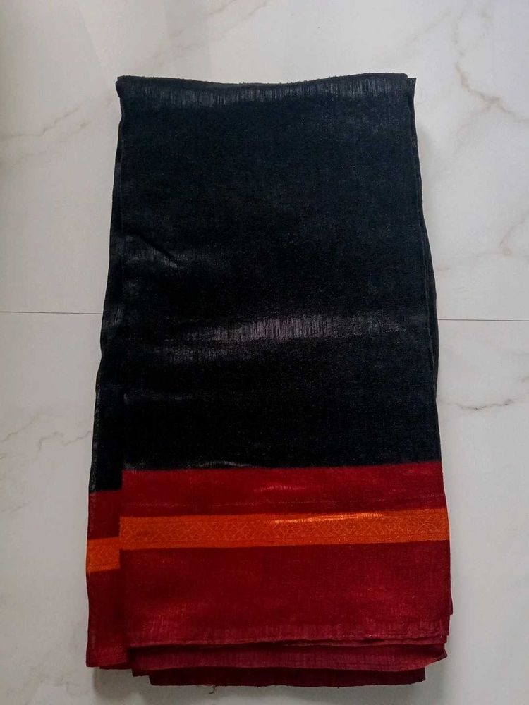 Elegant Black Saree with Red Border
