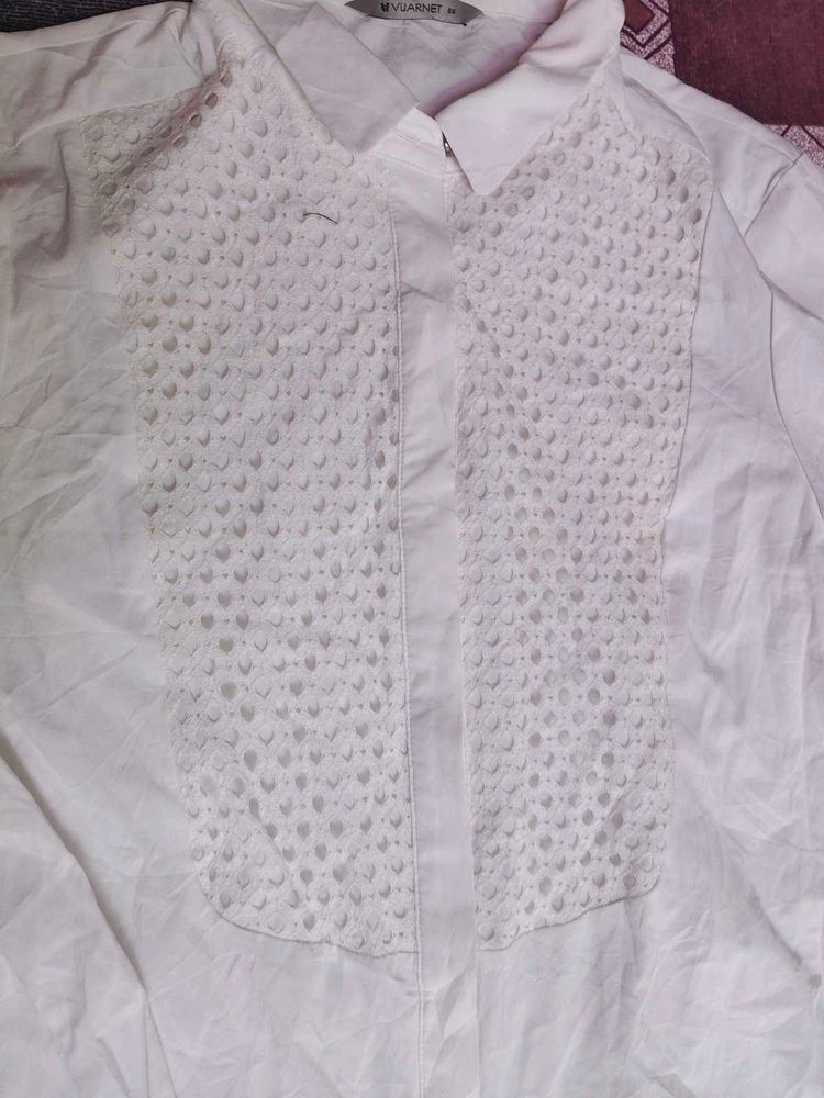 White Lace Detail Button-Up Shirt