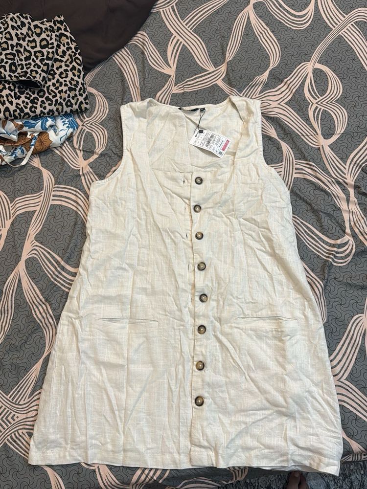 Cream Button-Front Linen Dress