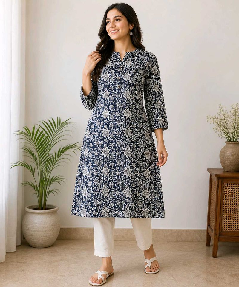 💙👣Navy Blue Floral Print Kurta