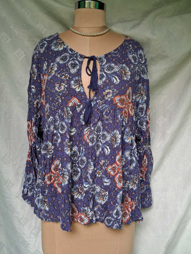 Boho Floral Print Tie-Neck Tunic Top