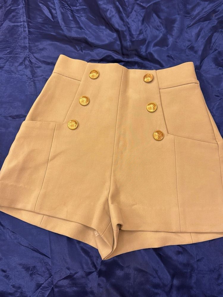 Beige High-Waisted Shorts with Gold Buttons