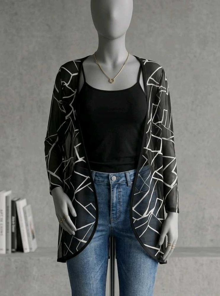 Black &amp; White Geometric Abstract Sheer Shrug.