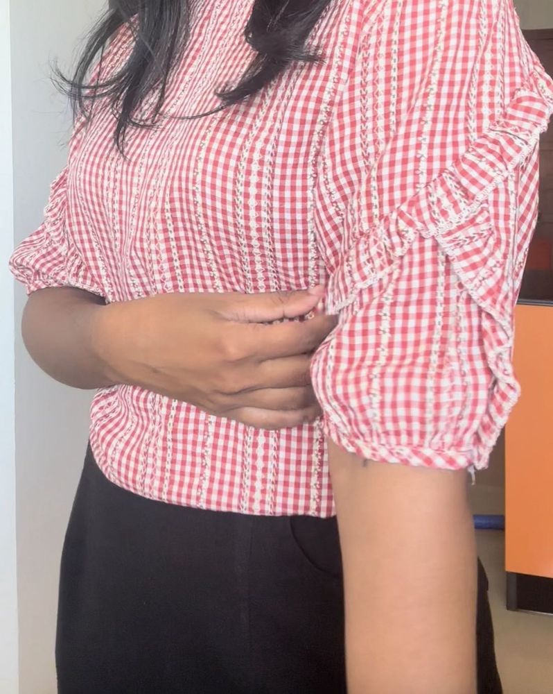 Red &amp; White Gingham Ruffle Sleeve Top