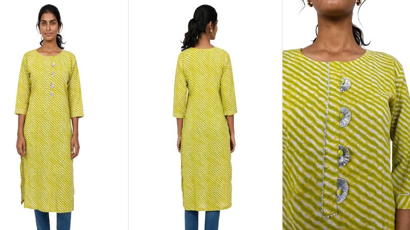 Lime Green Cotton Leheriya Kurti with Gota Patti (