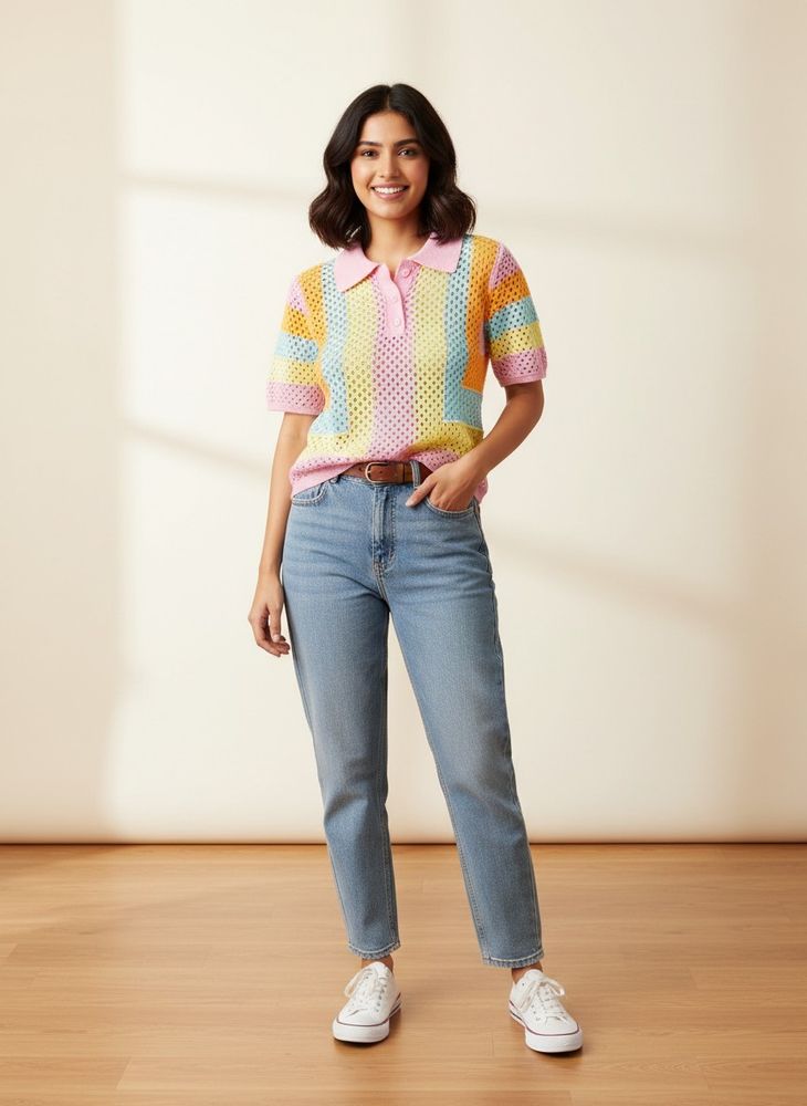 Colorful Crochet Knit Polo Shirt