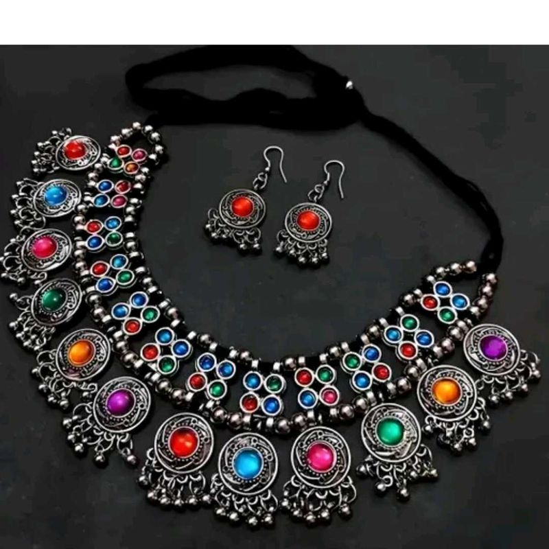 Boho Oxidized Silver Multi-Color Necklace Set