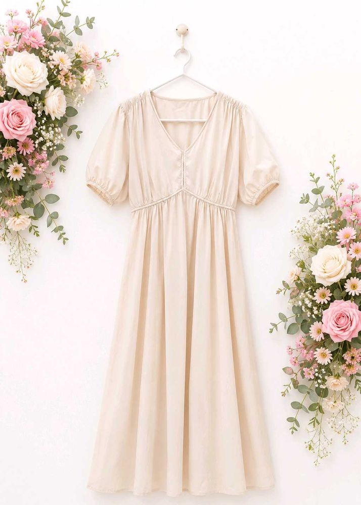 Elegant Cream V-Neck Midi Dress