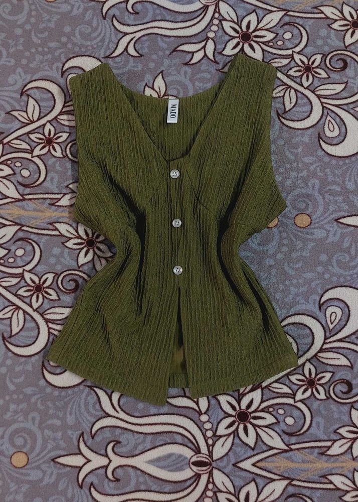 Y2K Olive Green Pleated V-Neck Top