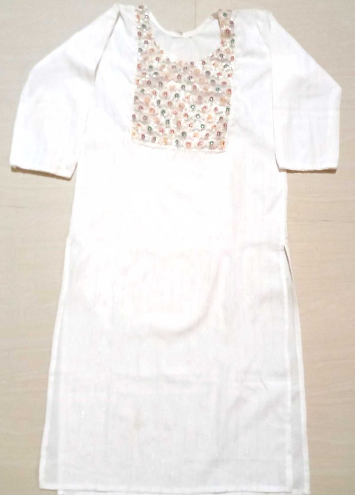 White Kurta with Embroidered Neckline