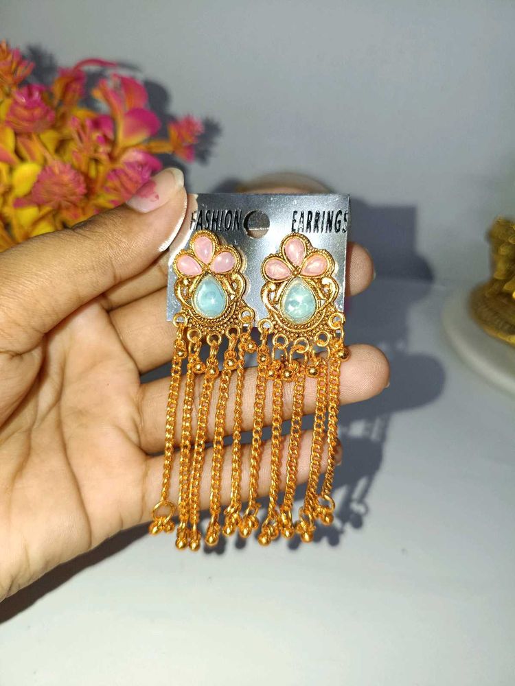 Boho Gold Dangle Earrings with Blue &amp; Pink Stones