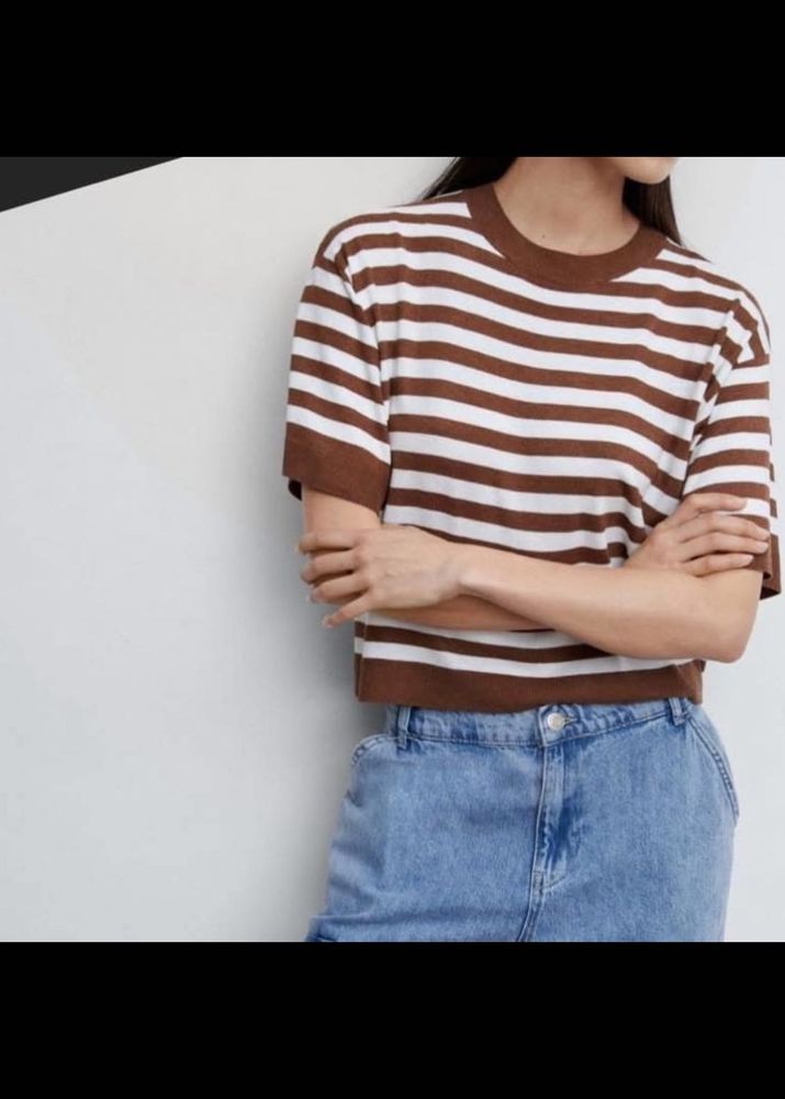 Mango Loose-Fit Striped Cropped T-Shirt
