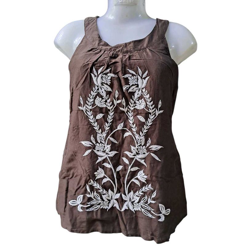 Brown Embroidered Sleeveless Top