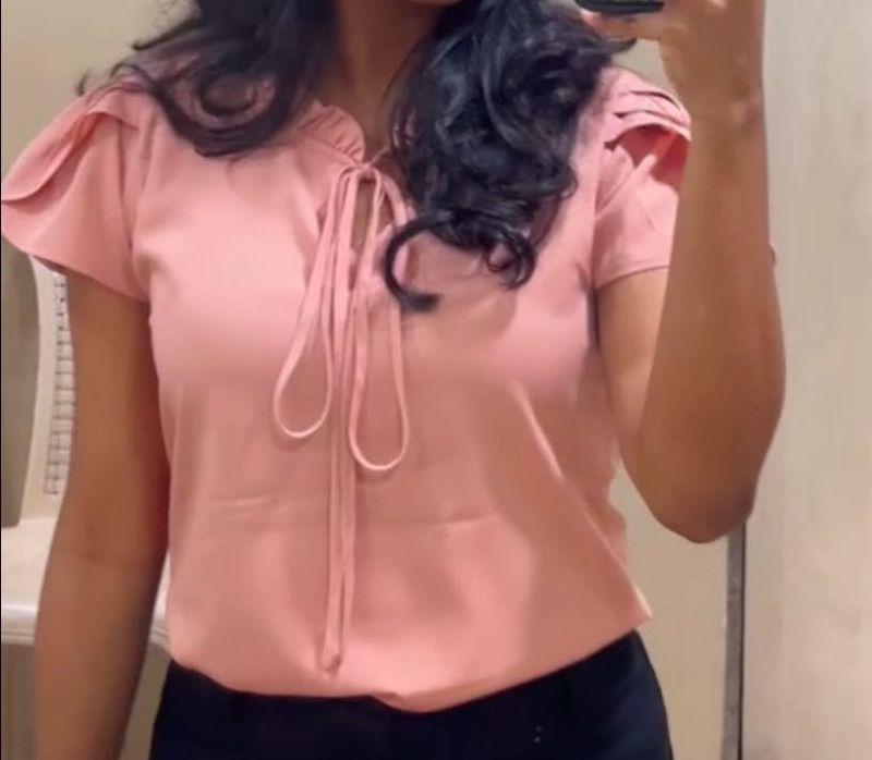 Formal Pink Tie-Neck Flutter Sleeve Top
