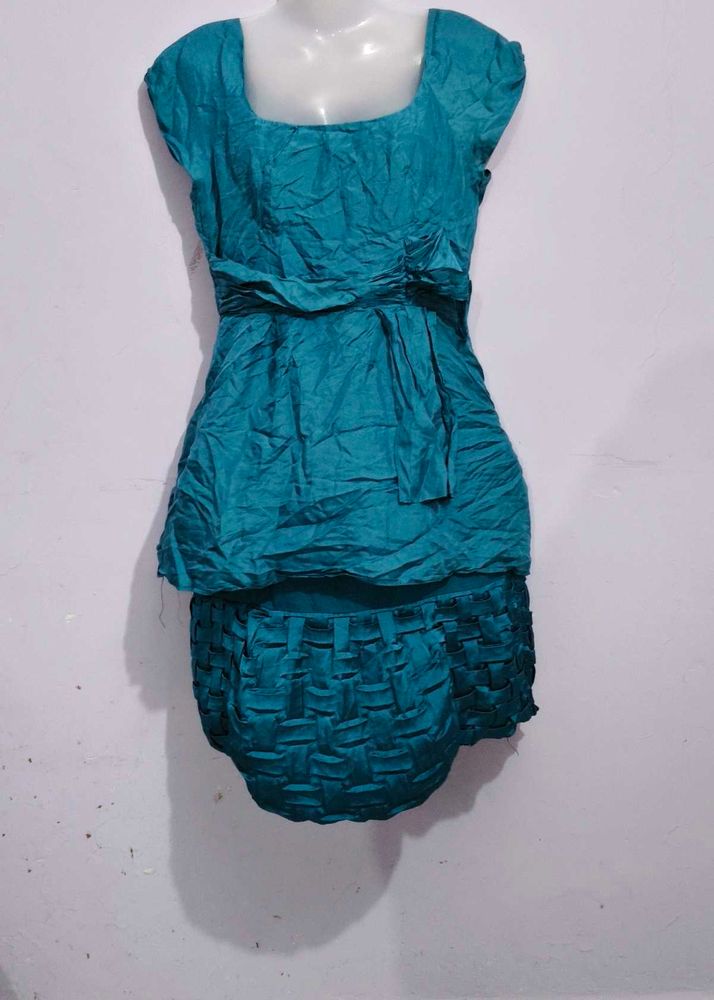 Teal Ruched &amp; Woven Dress