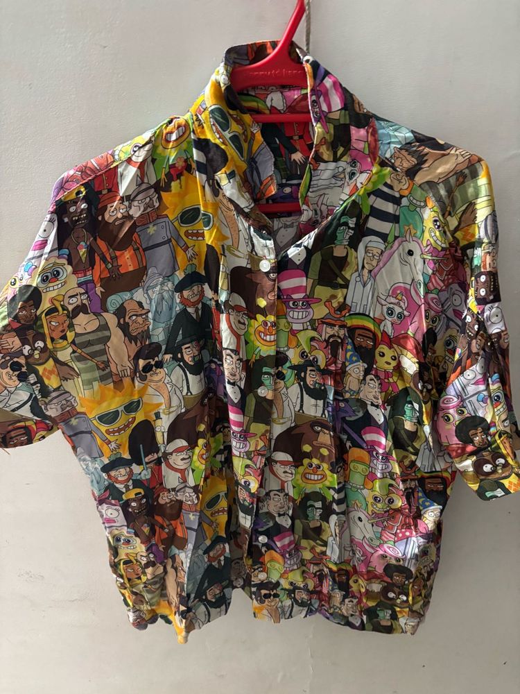 Cartoon Print Button-Up Shirt