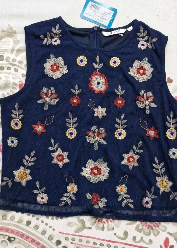 Navy Floral Embroidered Top