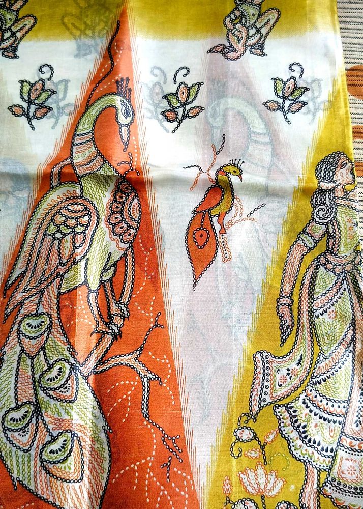 Vibrant Peacock &amp; Woman Print Saree