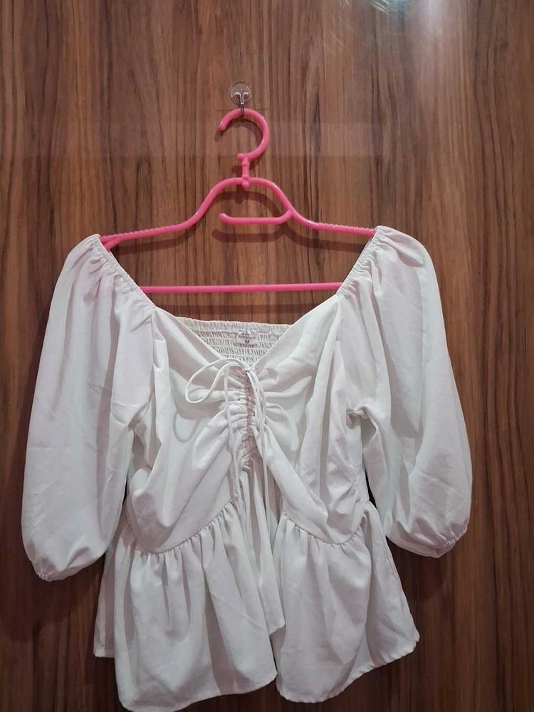 White Puff Sleeve Ruched Front Top