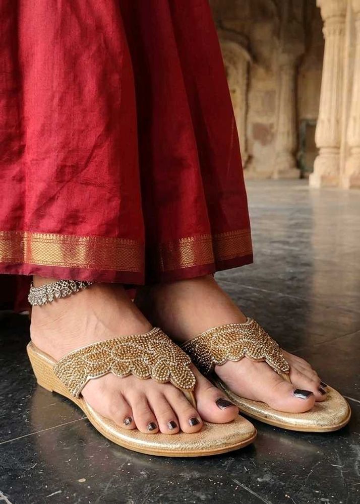 Embellished Gold Wedge Sandals