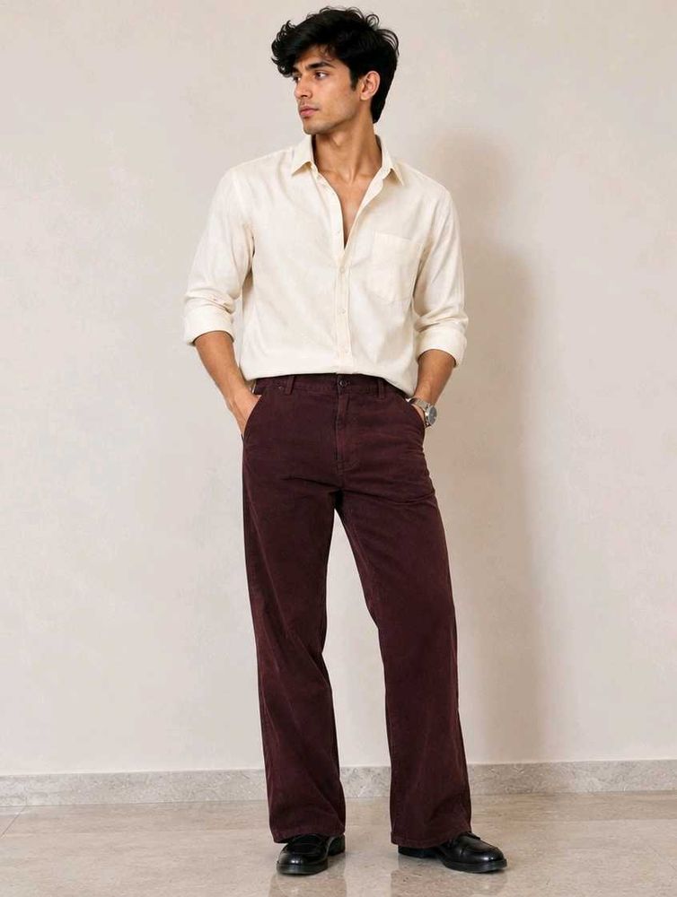 Men's Maroon Corduroy Wide-Leg Pants