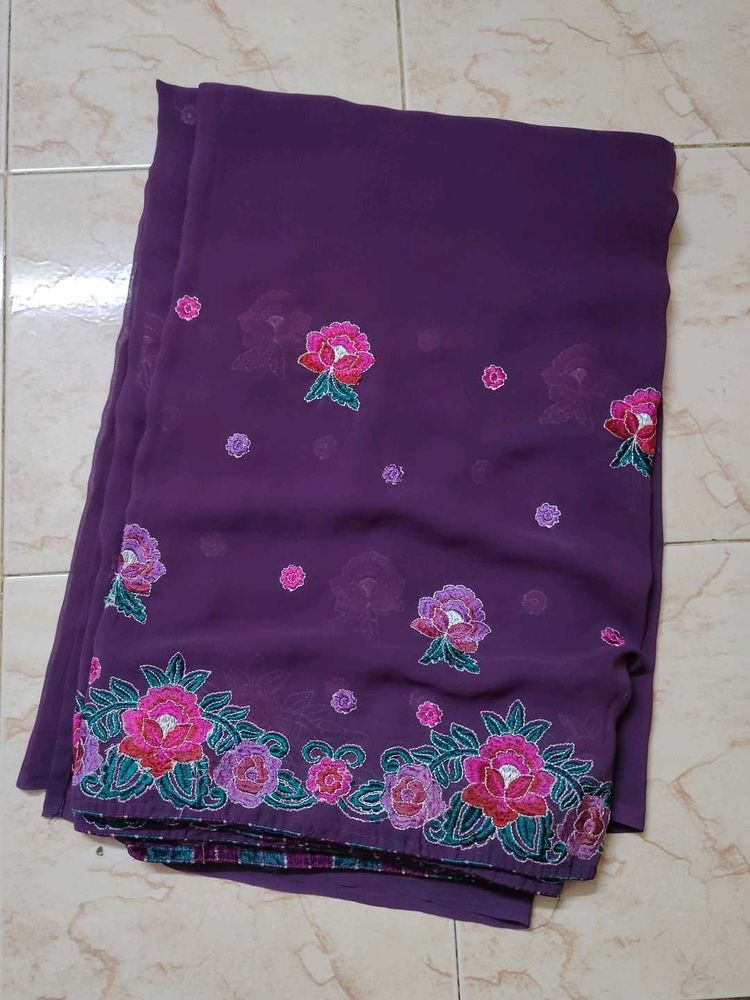 Elegant Purple Saree with Floral Embroidery