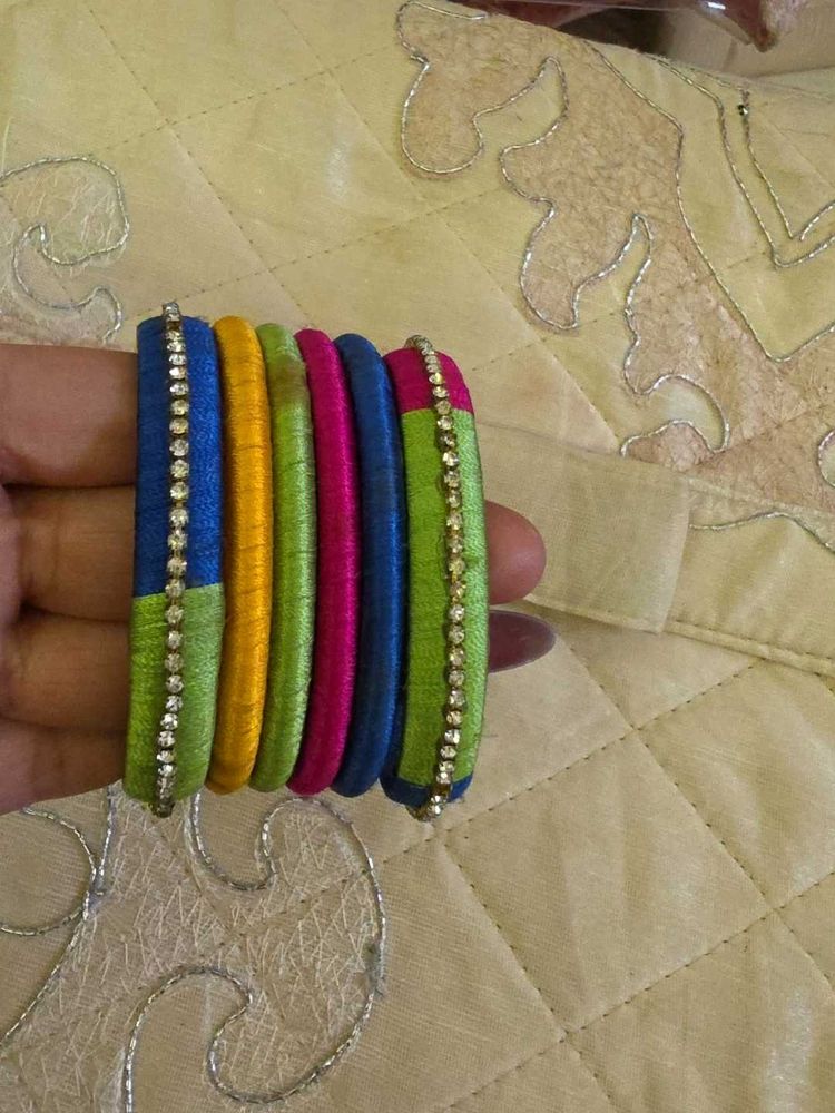 6 Vibrant Silk Thread Bangles with Rhinestones