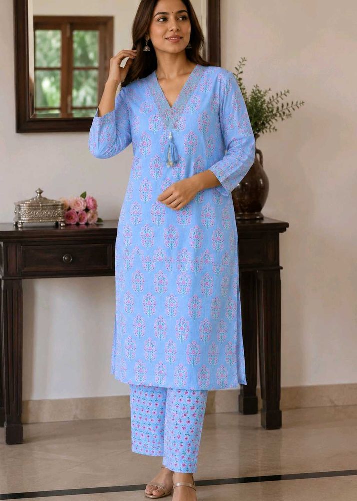 Blue Printed Cotton Kurta Set