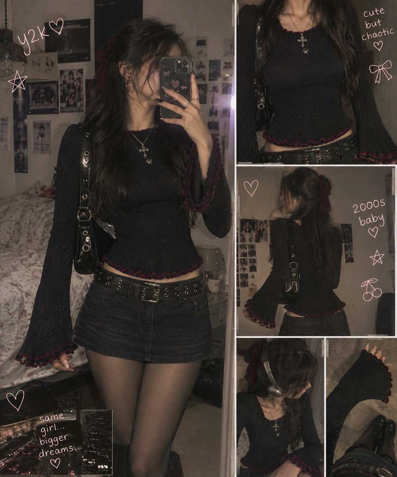 Y2k Black bell sleeve top with ruffled hem🕷🍷