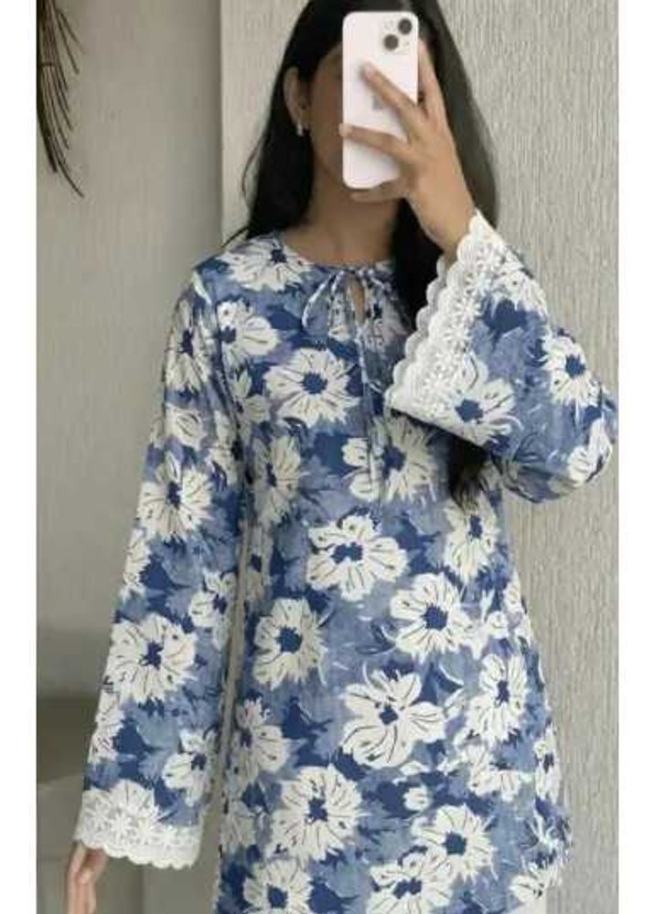 Blue Floral Print Kurta with Lace