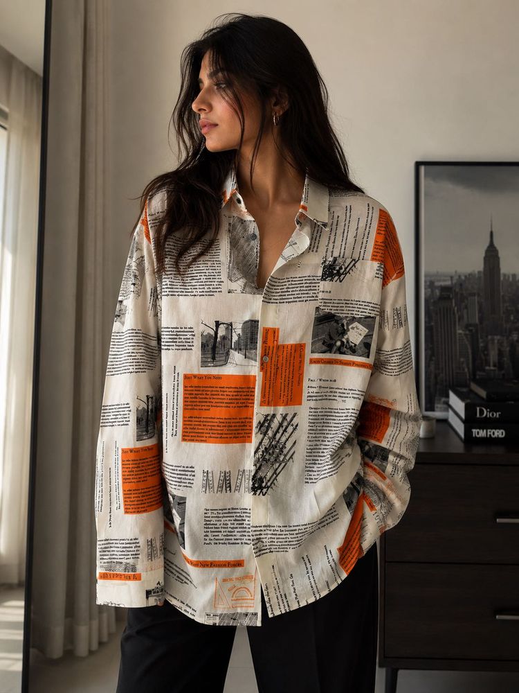 Unique Newspaper Print Button-Up Shirt