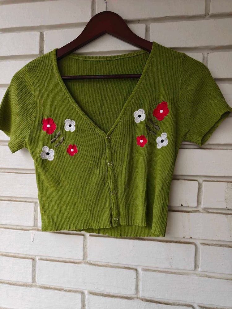 Green Floral Embroidered Knit Shrug