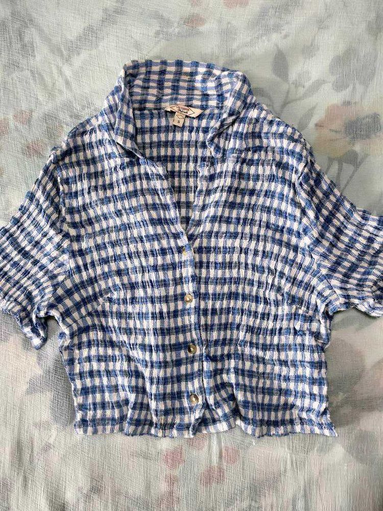 Blue Gingham Cropped Shirt