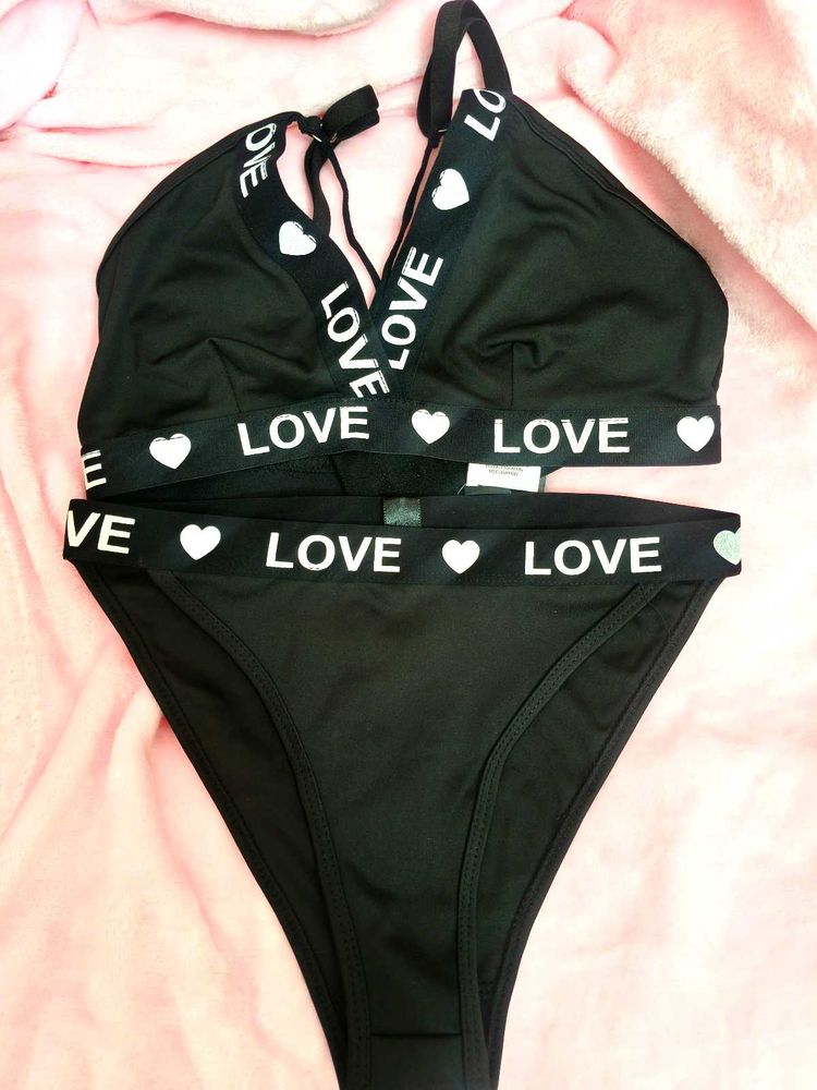 Black Bikini Set with "LOVE" Print