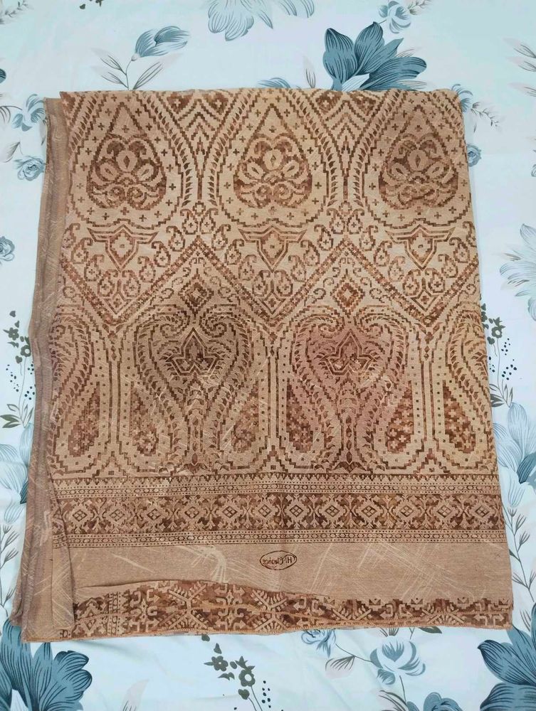 Beige &amp; Brown Printed Cotton blend Saree